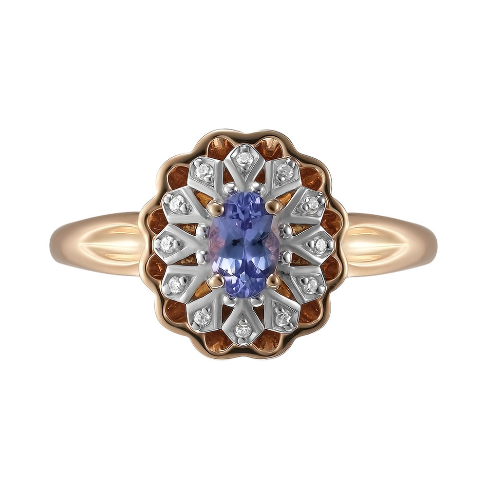 Серебряное кольцо 925 пробы; вставки 1 Танзанит; 12 Фианит бесцв.;