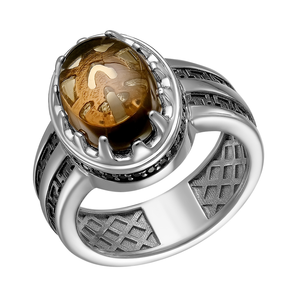 Серебряное кольцо 925 пробы; с чернением; вставки 1 Раухтопаз; 33 Шпинель черная;