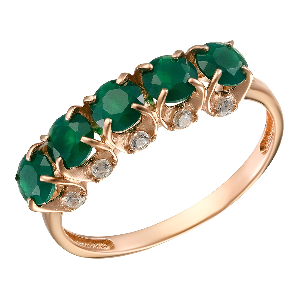 Серебряное кольцо 925 пробы; вставки 5 Агат зеленый; 10 Фианит бесцв.;