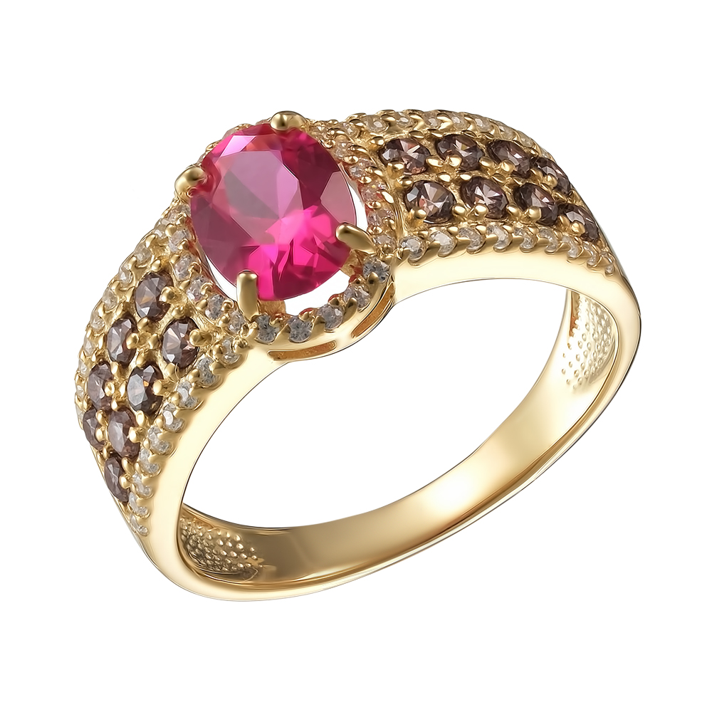 Серебряное кольцо 925 пробы; вставки 1 Корунд синт. цв. рубин; 74 Фианит разноцв.;