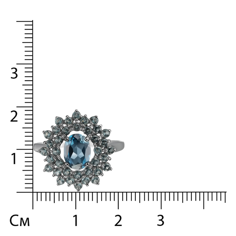 Серебряное кольцо 925 пробы; родий (бел. черн.); вставки 1 Топаз Лондон; 36 Топаз синт.;