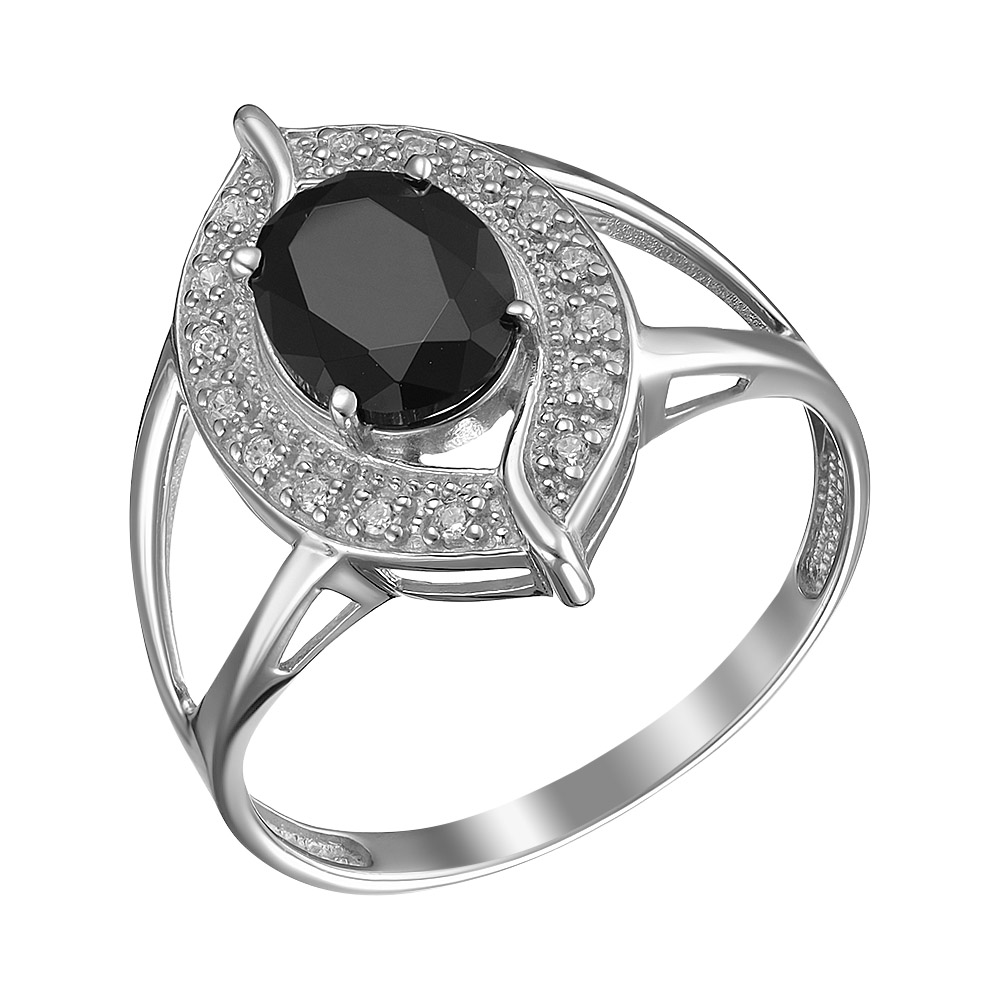 Серебряное кольцо 925 пробы; вставки 1 Шпинель черн.; 16 Фианит бесцв.;