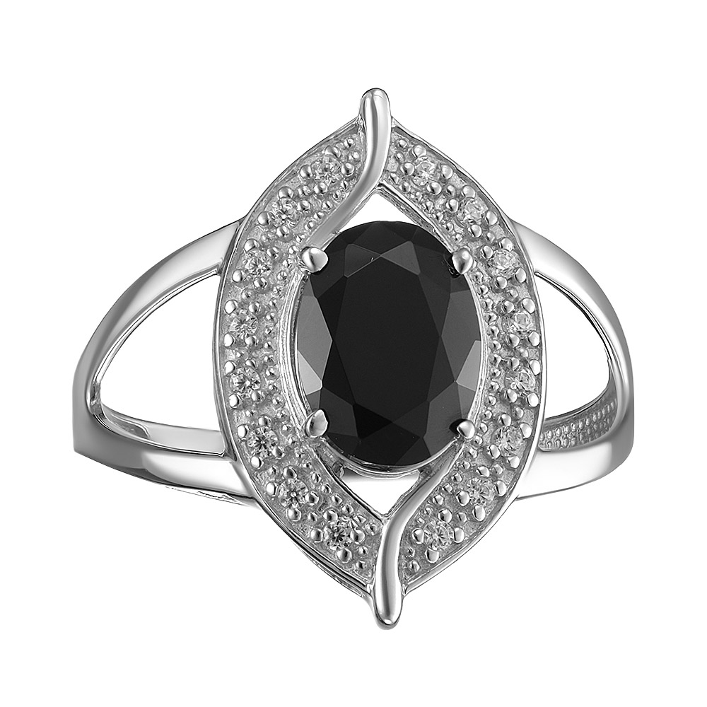 Серебряное кольцо 925 пробы; вставки 1 Шпинель черн.; 16 Фианит бесцв.;