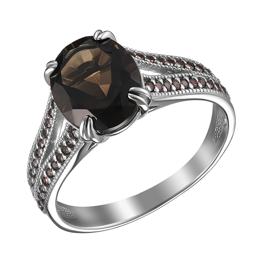 Серебряное кольцо 925 пробы; вставки 1 Раухтопаз; 42 Фианит коричн.;
