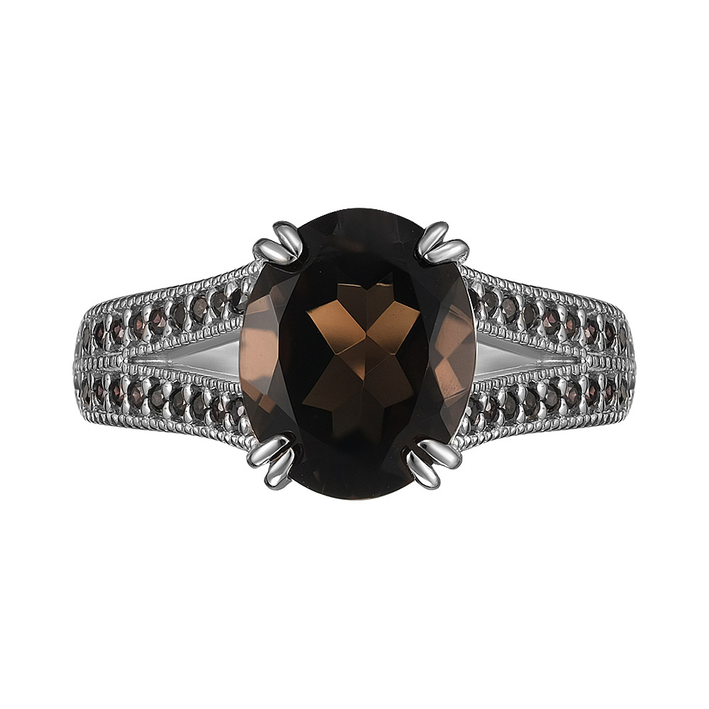 Серебряное кольцо 925 пробы; вставки 1 Раухтопаз; 42 Фианит коричн.;