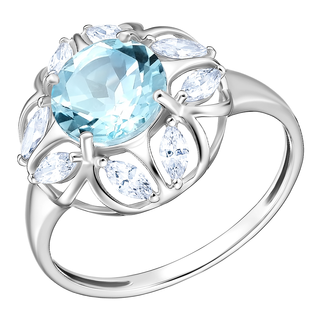 Серебряное кольцо 925 пробы; вставки 1 Топаз Sky; 8 Фианит бесцв.;