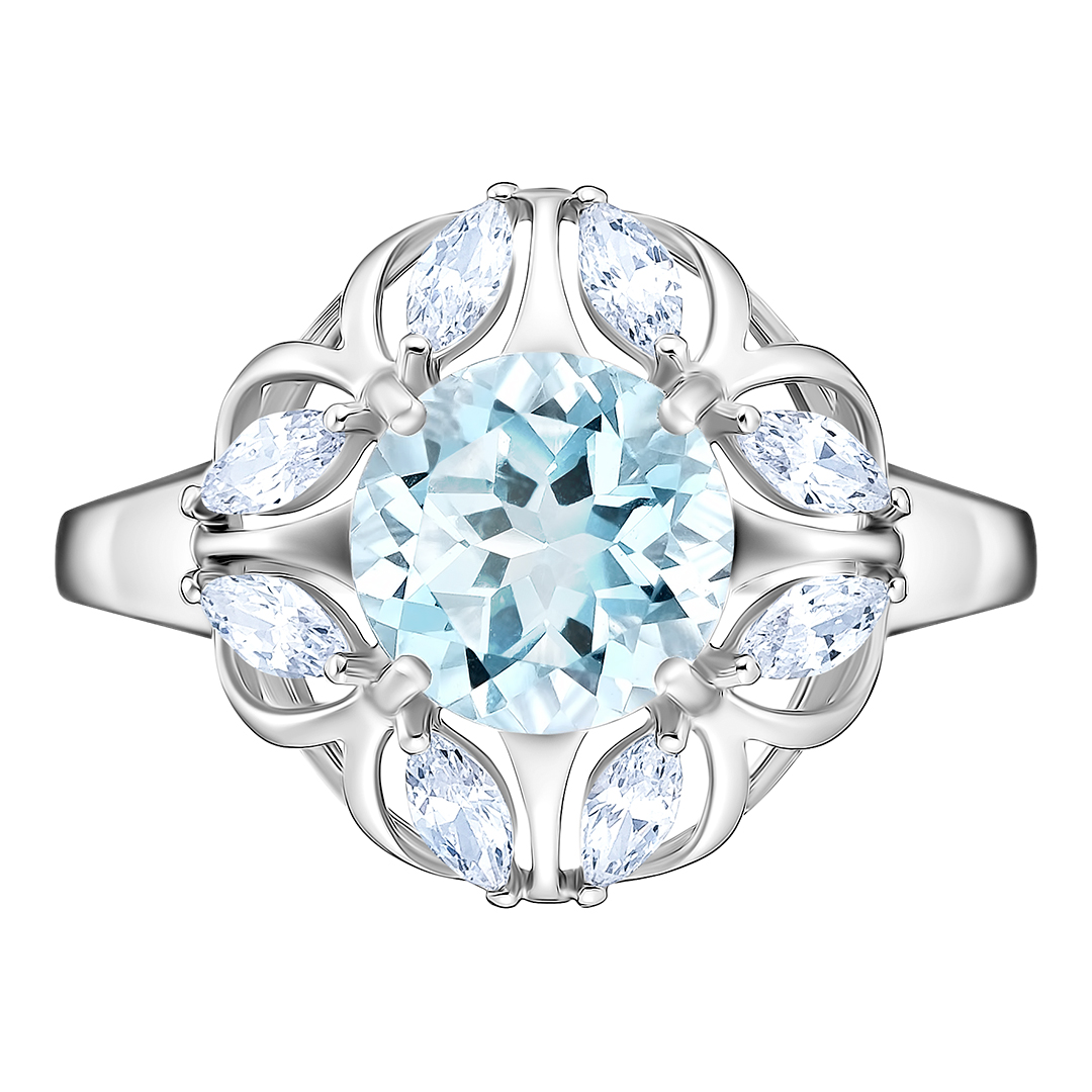 Серебряное кольцо 925 пробы; вставки 1 Топаз Sky; 8 Фианит бесцв.;