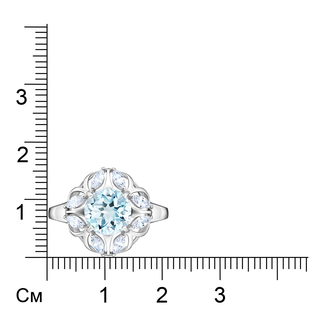 Серебряное кольцо 925 пробы; вставки 1 Топаз Sky; 8 Фианит бесцв.;