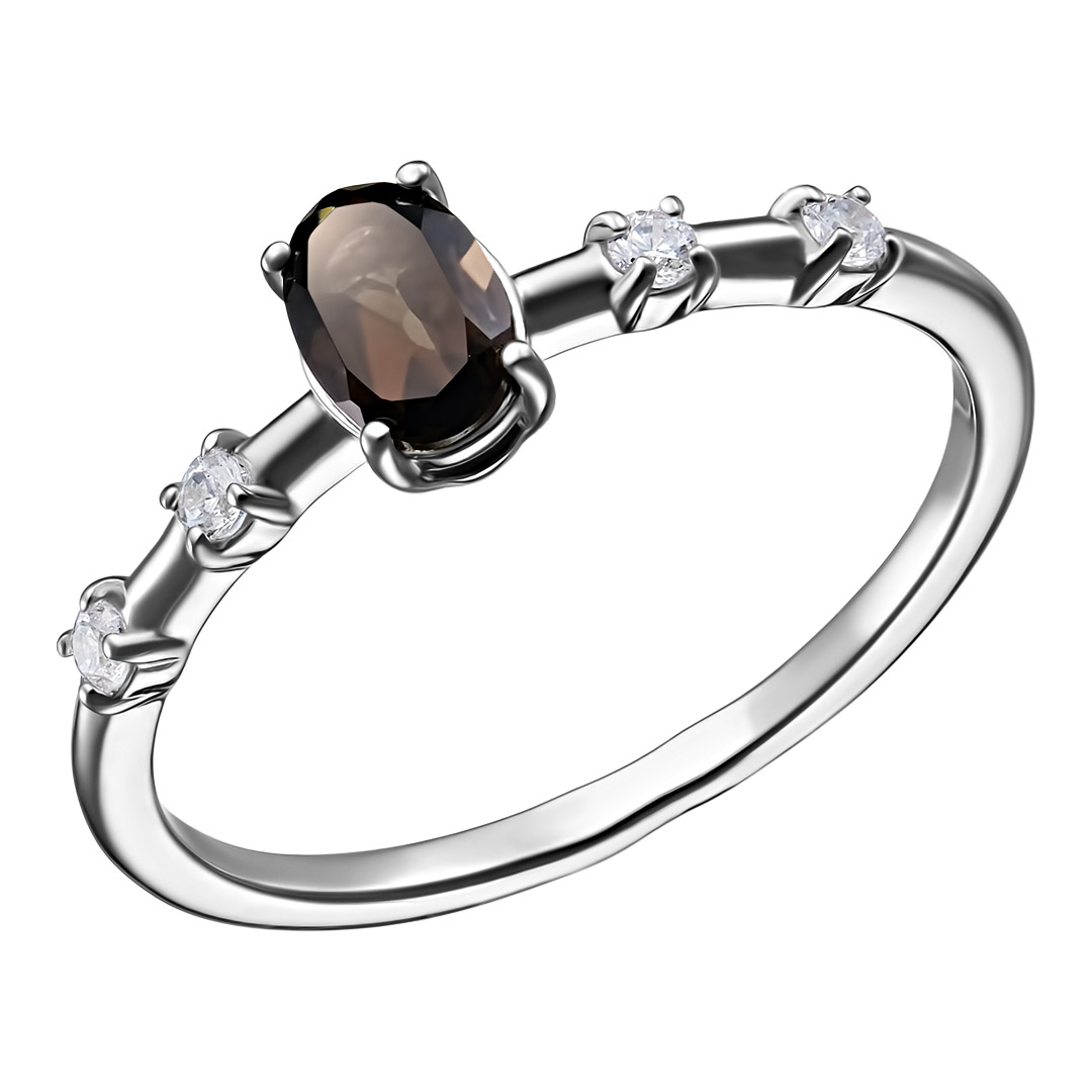 Серебряное кольцо 925 пробы; вставки 1 Раухтопаз; 4 Фианит бесцв.;