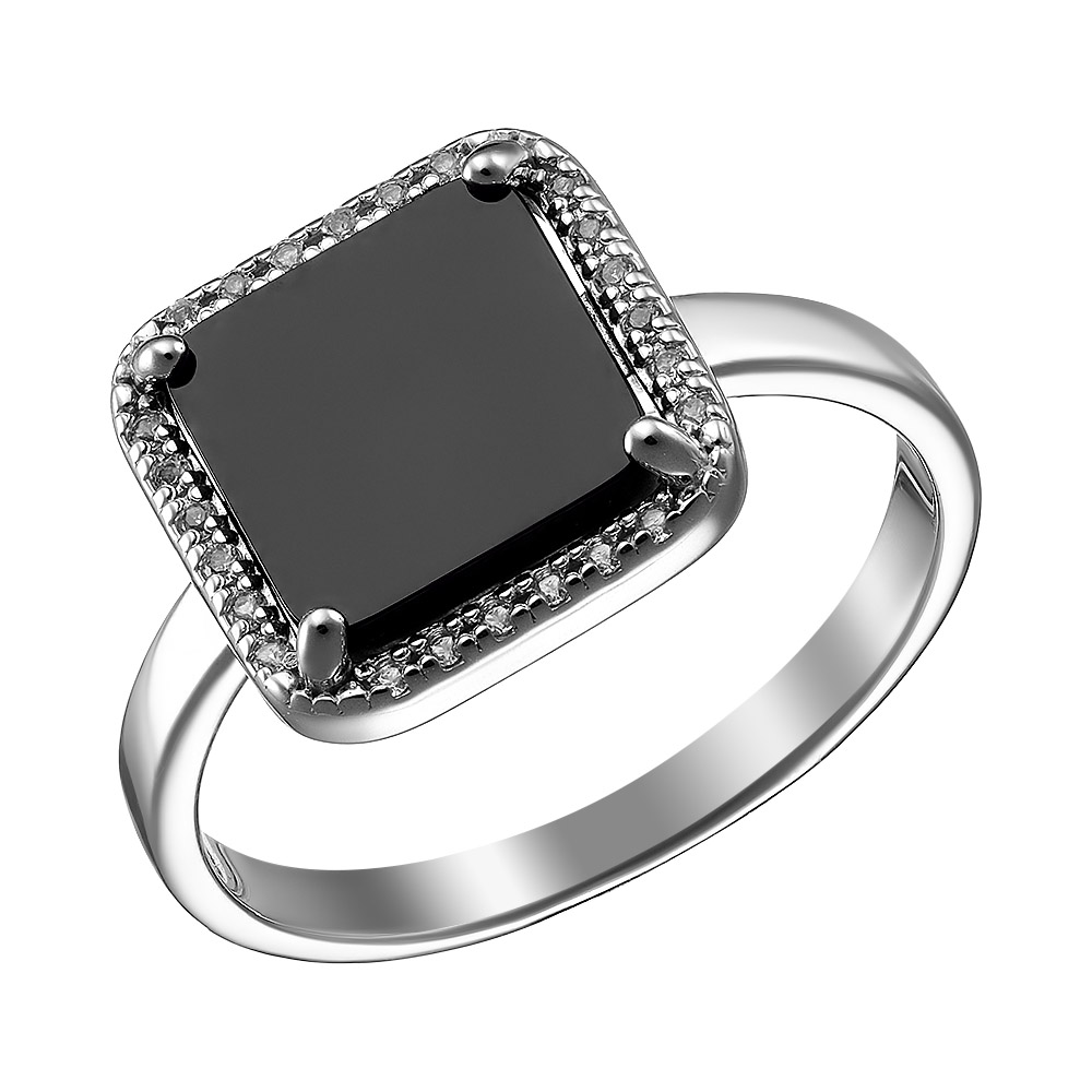 Серебряное кольцо 925 пробы; вставки 1 Оникс черный; 24 Топаз бесцв.;