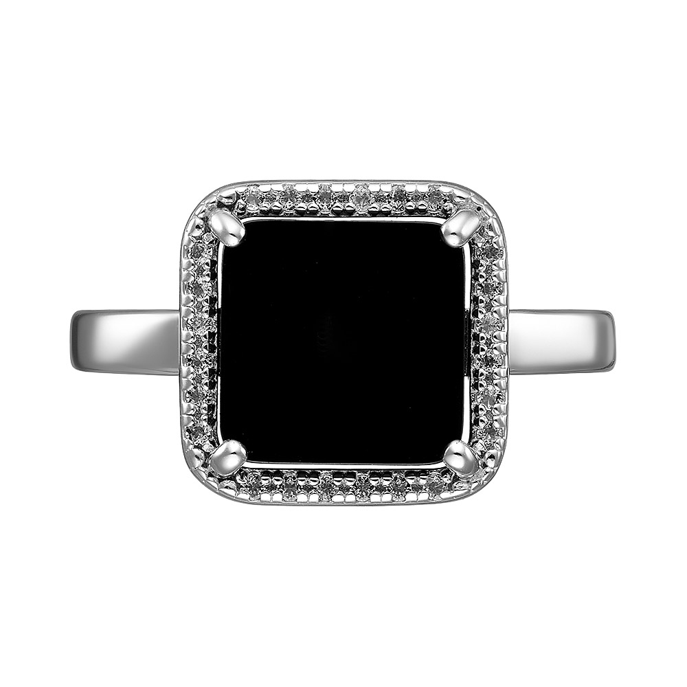 Серебряное кольцо 925 пробы; вставки 1 Оникс черный; 24 Топаз бесцв.;