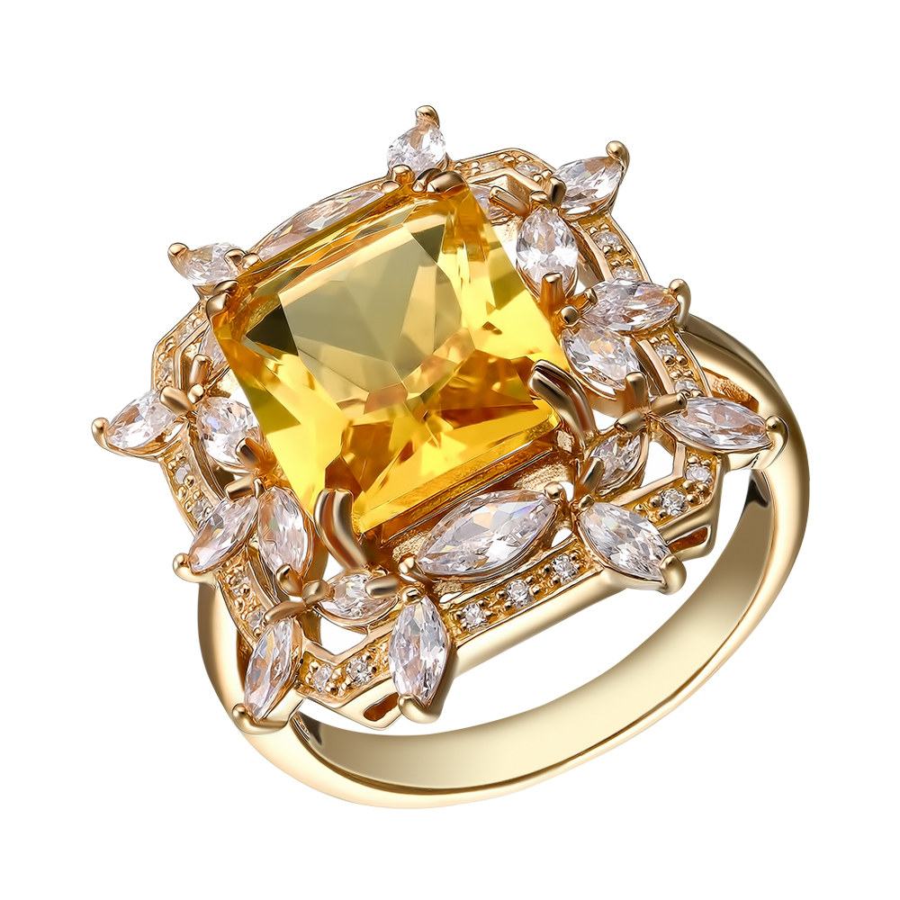 Серебряное кольцо 925 пробы; вставки 1 Цитрин; 42 Фианит бесцв.;