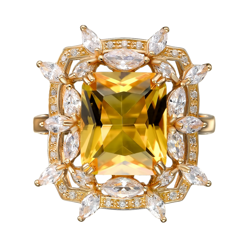 Серебряное кольцо 925 пробы; вставки 1 Цитрин; 42 Фианит бесцв.;