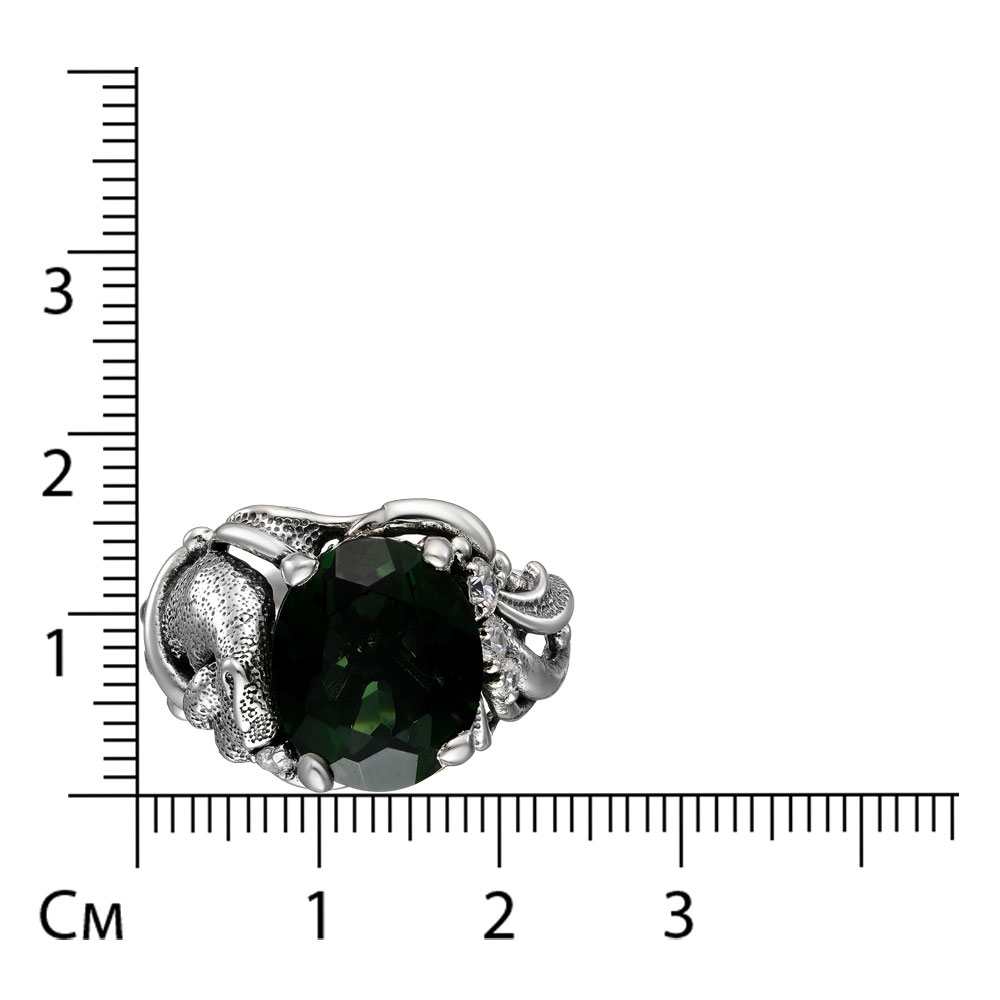 Серебряное кольцо 925 пробы; оксидирование; вставки 1 Кварц синт. имит. турмалин зел.; 4 Фианит бесц