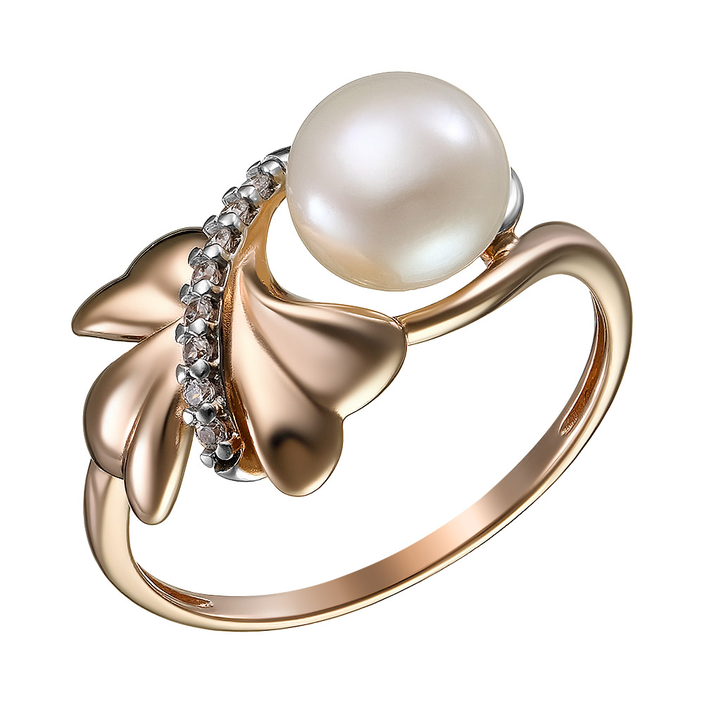 Серебряное кольцо 925 пробы; вставки 1 Жемчуг преснов.культ. бел.; 8 Фианит бесцв.;