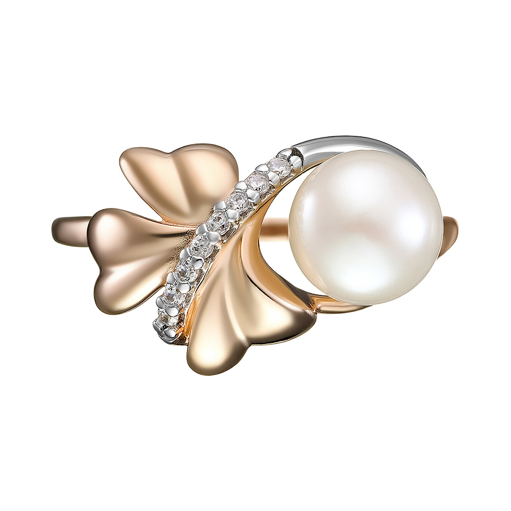 Серебряное кольцо 925 пробы; вставки 1 Жемчуг преснов.культ. бел.; 8 Фианит бесцв.;