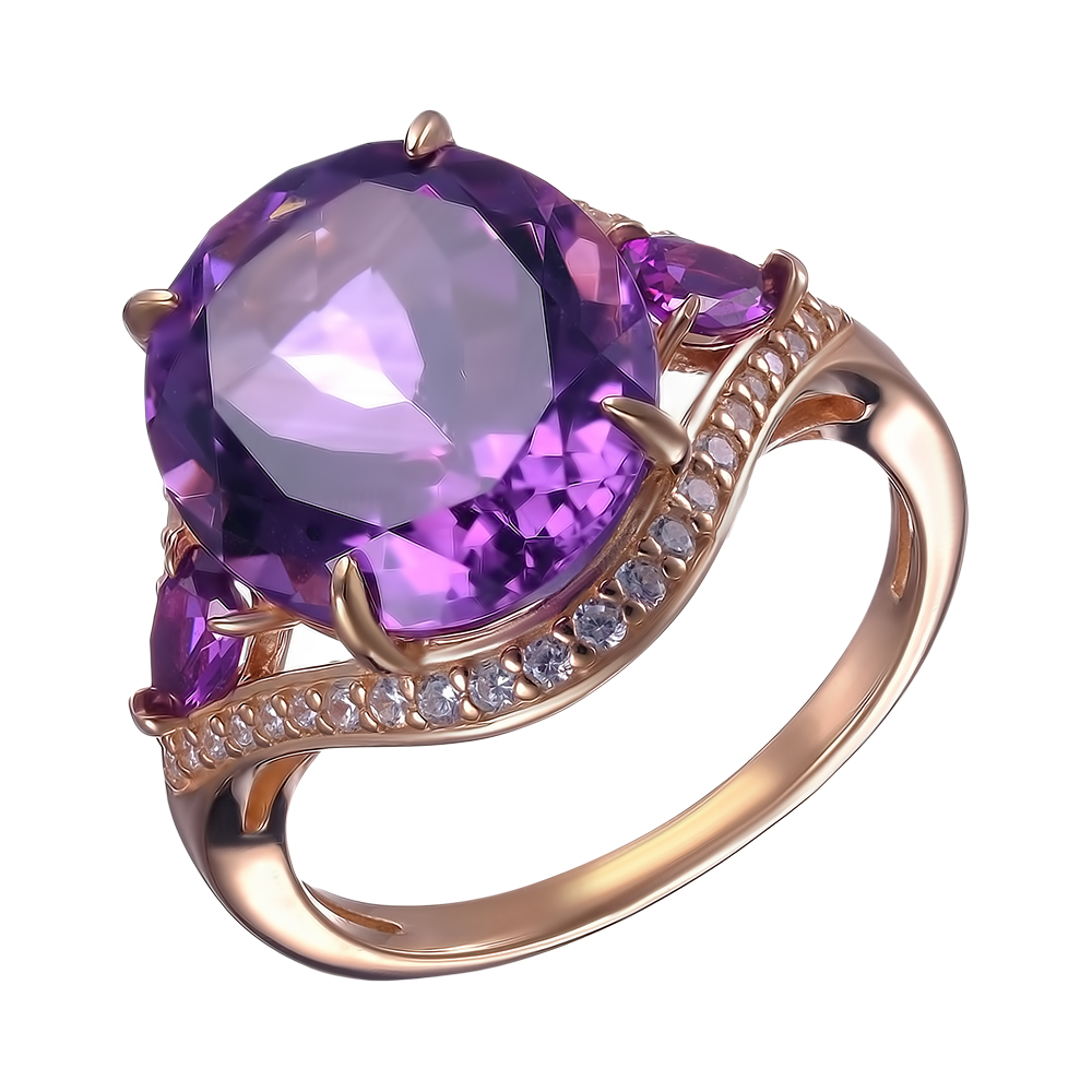 Серебряное кольцо 925 пробы; вставки 1 Аметист; 2 Ситалл имит. аметист; 42 Фианит бесцв.;
