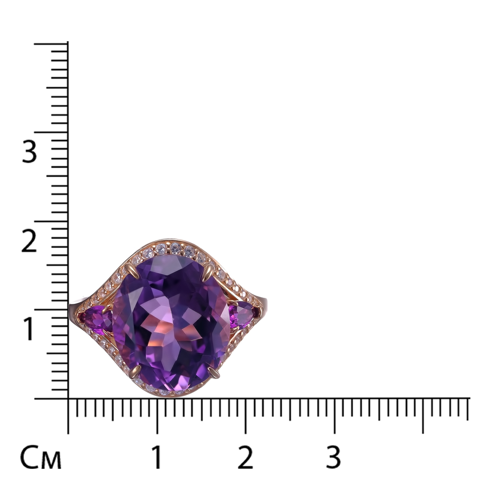 Серебряное кольцо 925 пробы; вставки 1 Аметист; 2 Ситалл имит. аметист; 42 Фианит бесцв.;