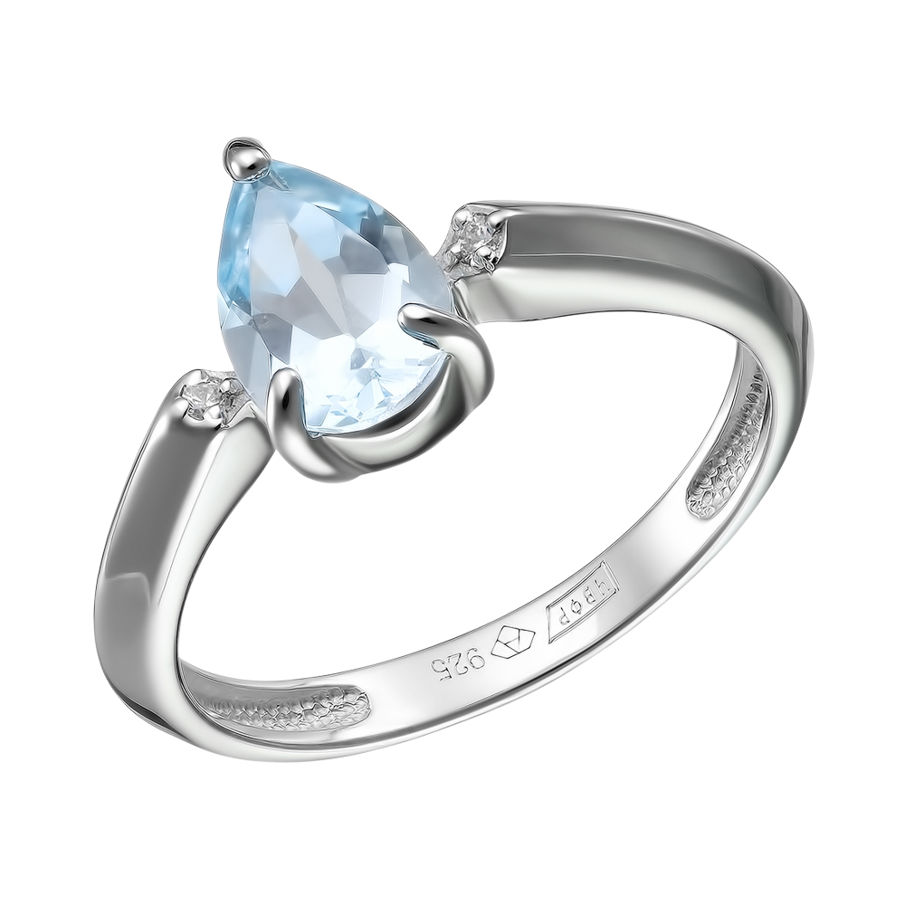 Серебряное кольцо 925 пробы; вставки 2 Фианит бесцв.; 1 Топаз Sky Blue;