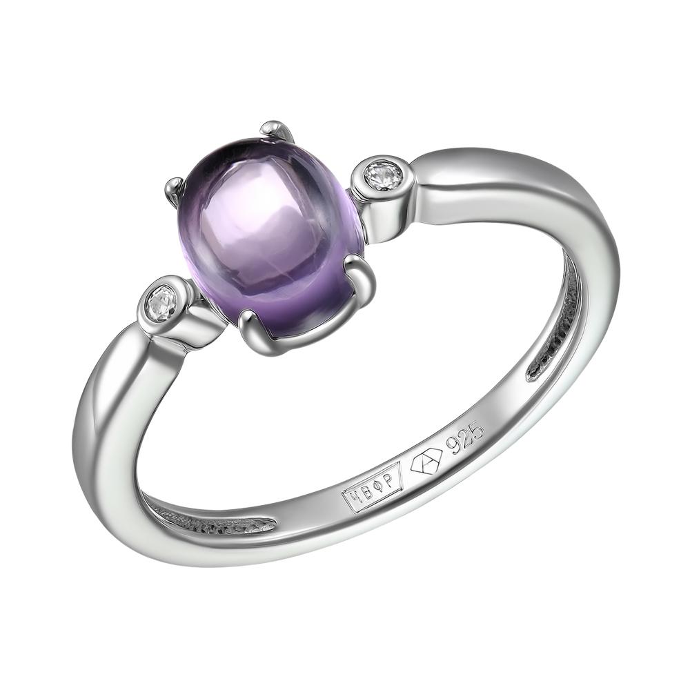 Серебряное кольцо 925 пробы; вставки 1 Аметист; 2 Фианит бесцв.;