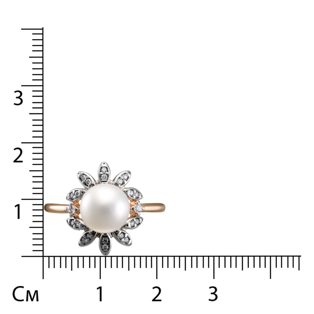Серебряное кольцо 925 пробы; вставки 1 Жемчуг преснов.культ.бел. ; 22 Фианит бесцв.;