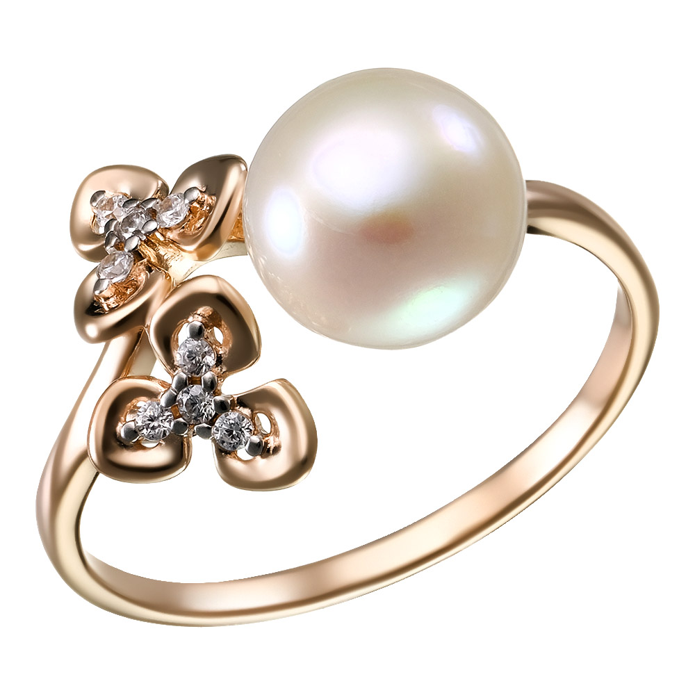 Серебряное кольцо 925 пробы; вставки 1 Жемчуг преснов.культ. бел.; 8 Фианит бесцв.;