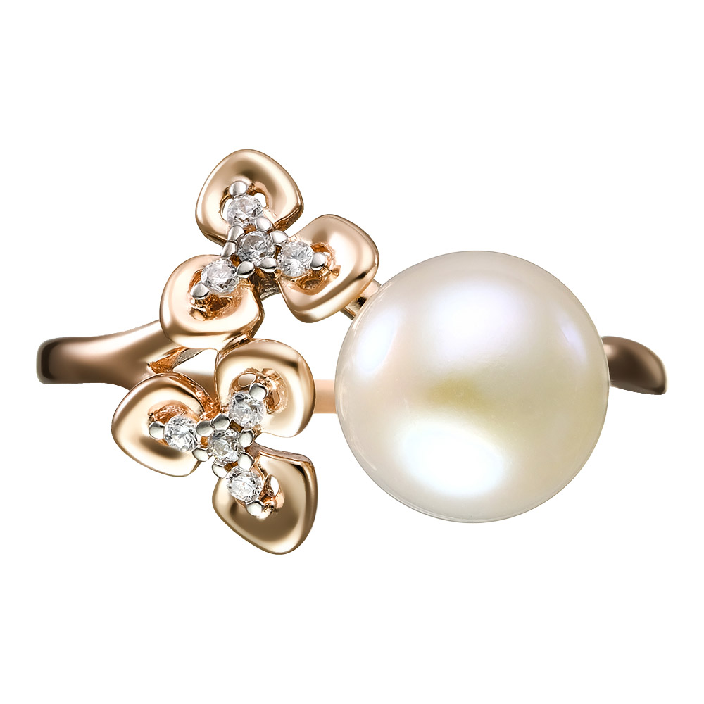 Серебряное кольцо 925 пробы; вставки 1 Жемчуг преснов.культ. бел.; 8 Фианит бесцв.;