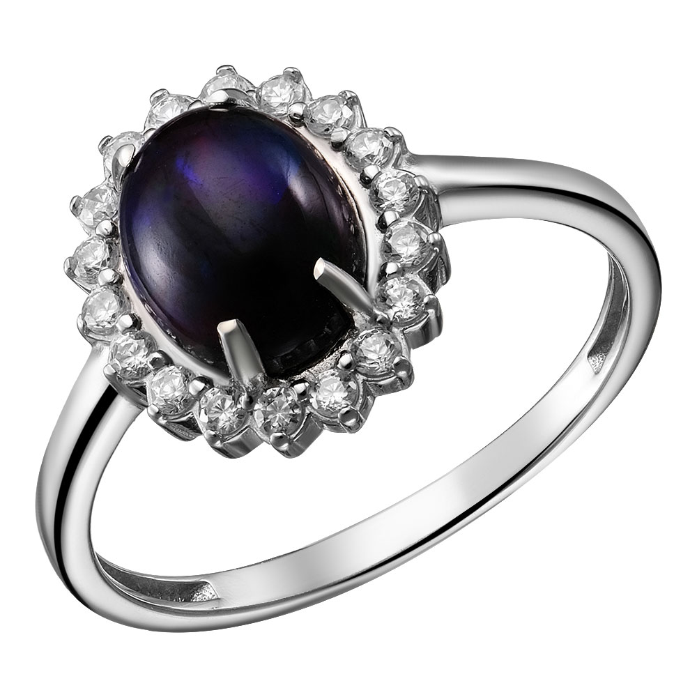 Серебряное кольцо 925 пробы; вставки 1 Опал черный; 18 Фианит бесцв.;