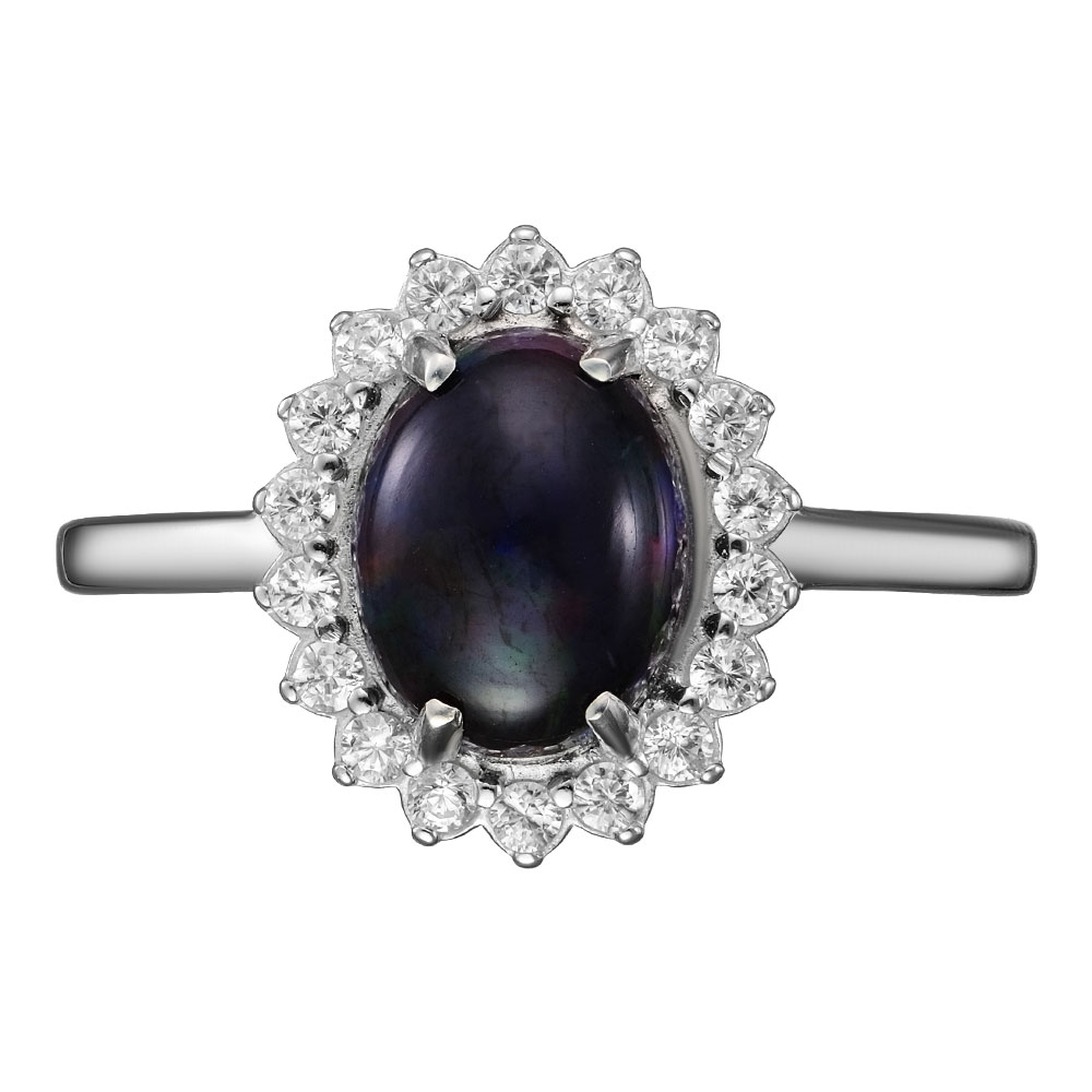 Серебряное кольцо 925 пробы; вставки 1 Опал черный; 18 Фианит бесцв.;
