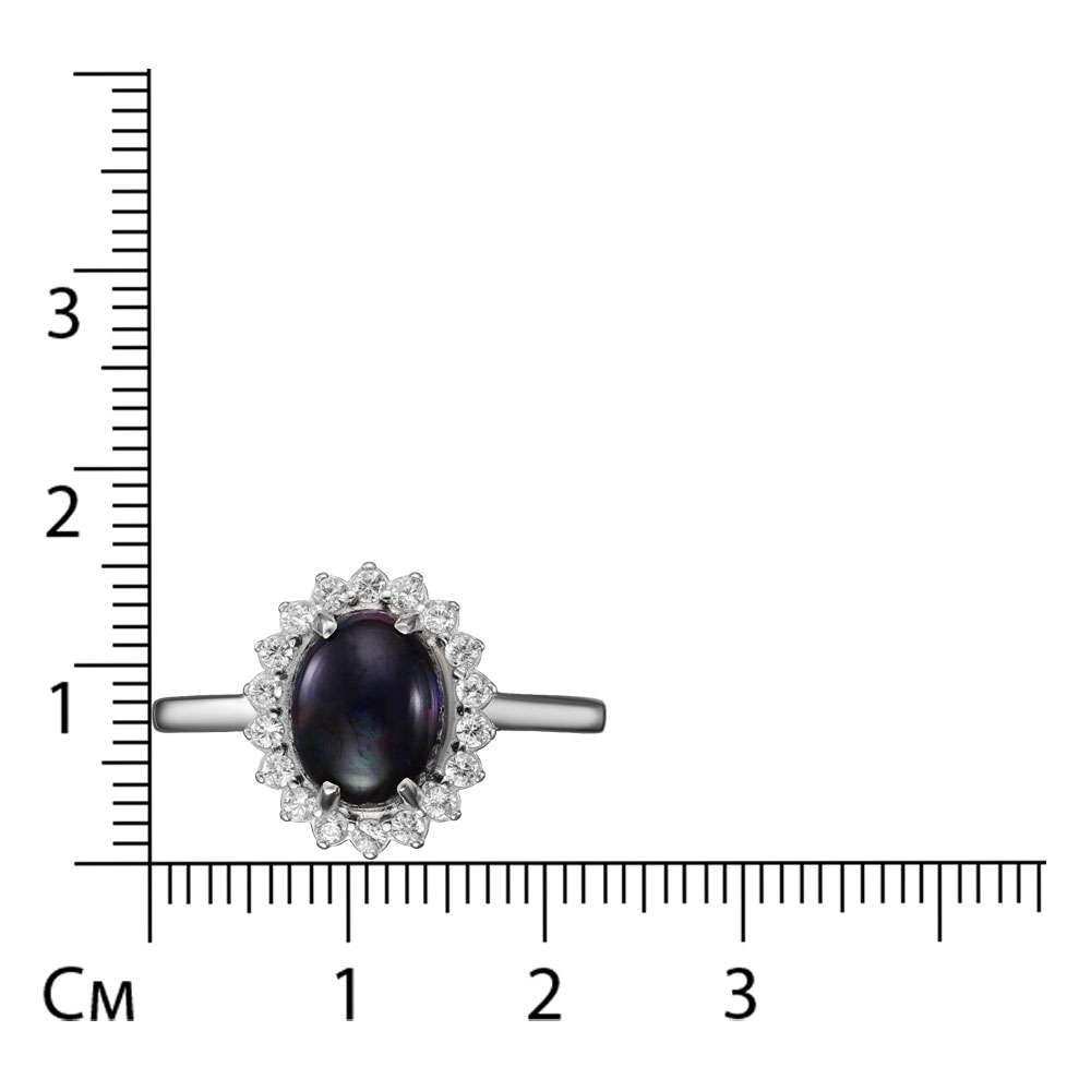 Серебряное кольцо 925 пробы; вставки 1 Опал черный; 18 Фианит бесцв.;