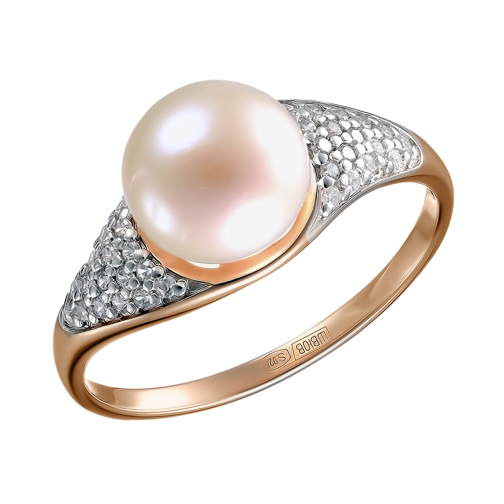 Серебряное кольцо 925 пробы; вставки 1 Жемчуг преснов.культ. бел.; 34 Фианит бесцв.;