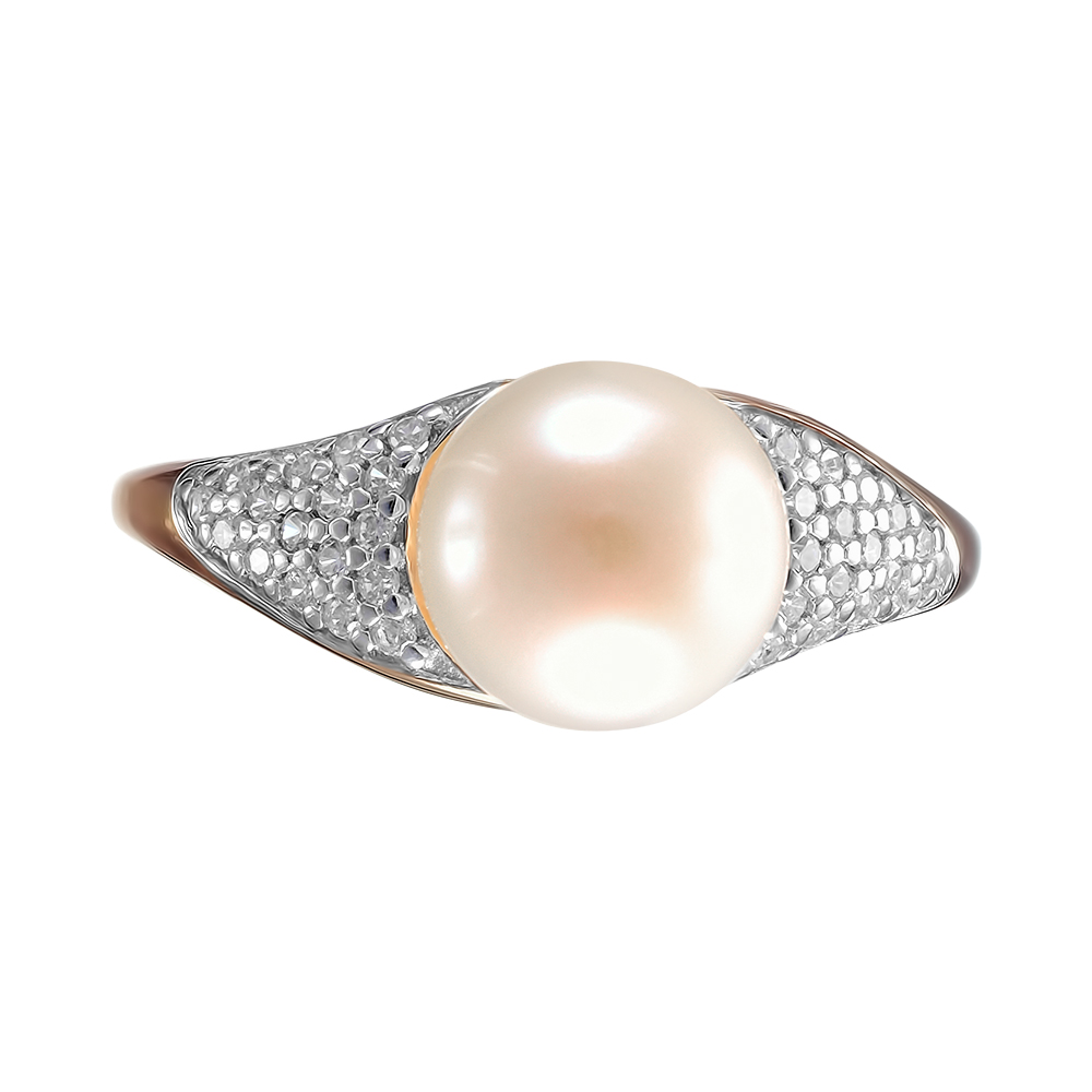 Серебряное кольцо 925 пробы; вставки 1 Жемчуг преснов.культ. бел.; 34 Фианит бесцв.;