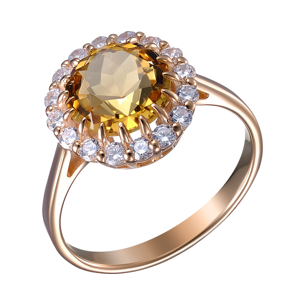Серебряное кольцо 925 пробы; вставки 1 Цитрин; 16 Фианит бесцв.;