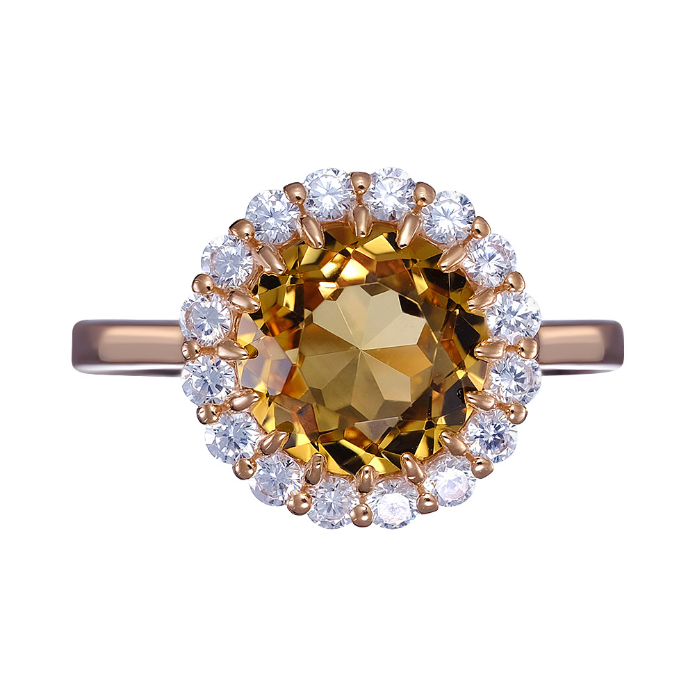 Серебряное кольцо 925 пробы; вставки 1 Цитрин; 16 Фианит бесцв.;