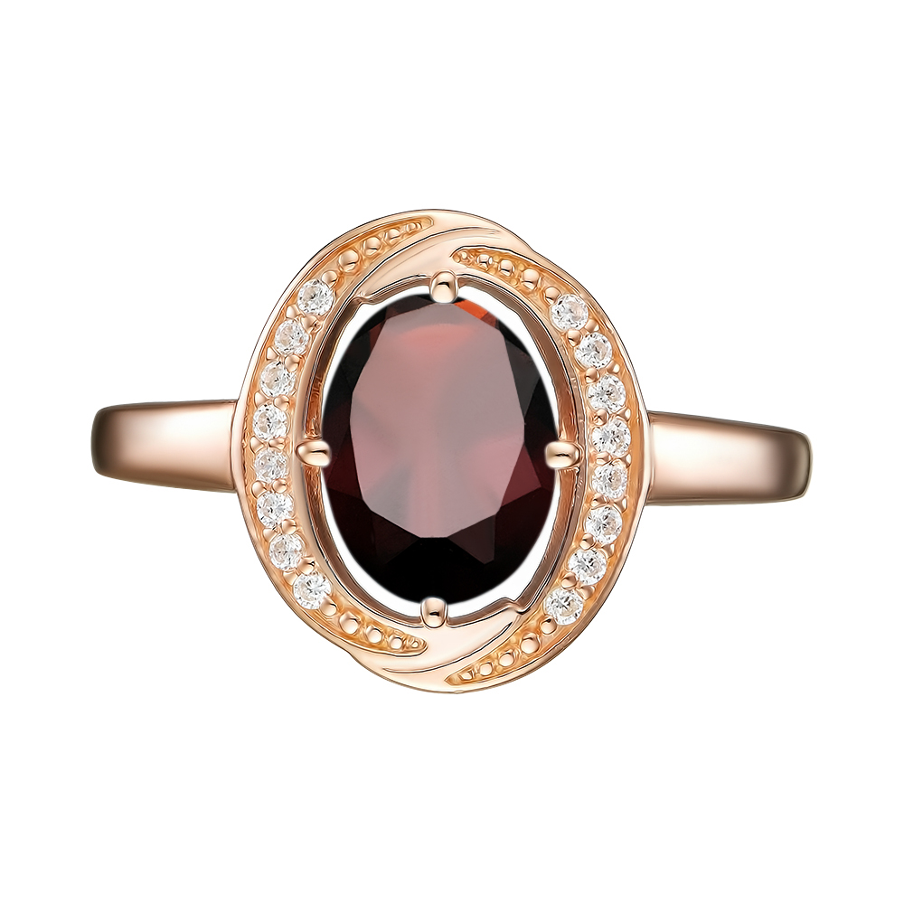 Серебряное кольцо 925 пробы; вставки 1 Гранат; 16 Фианит бесцв.;