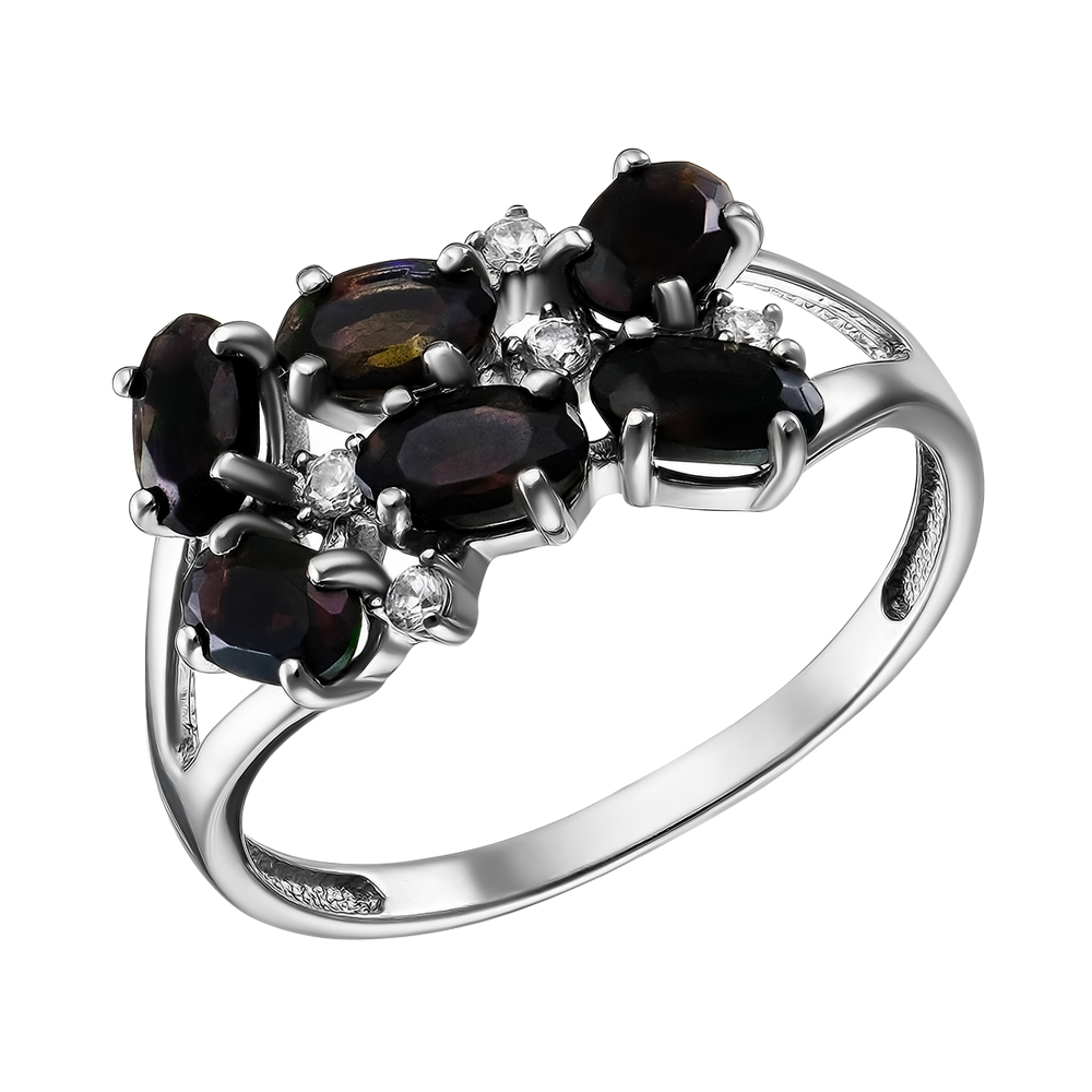 Серебряное кольцо 925 пробы; вставки 6 Опал черный; 5 Фианит бесцв.;