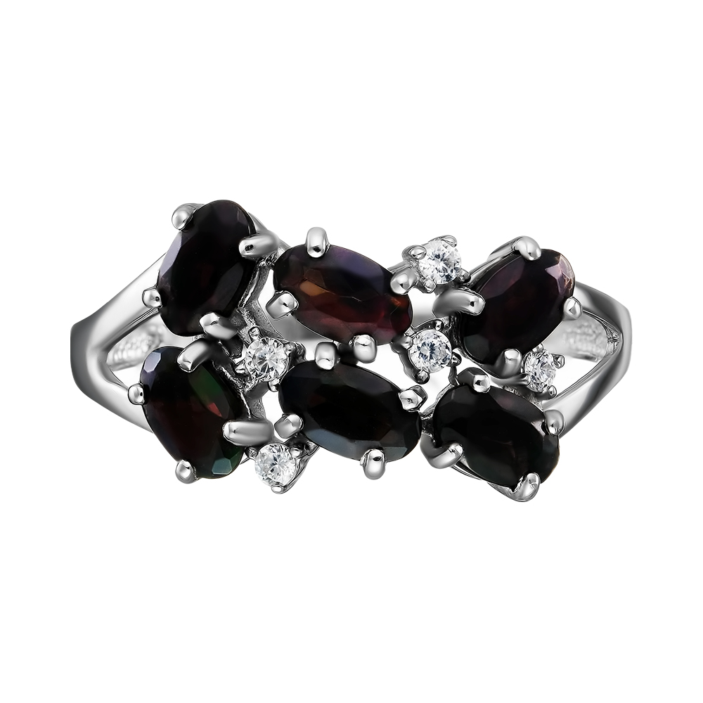 Серебряное кольцо 925 пробы; вставки 6 Опал черный; 5 Фианит бесцв.;