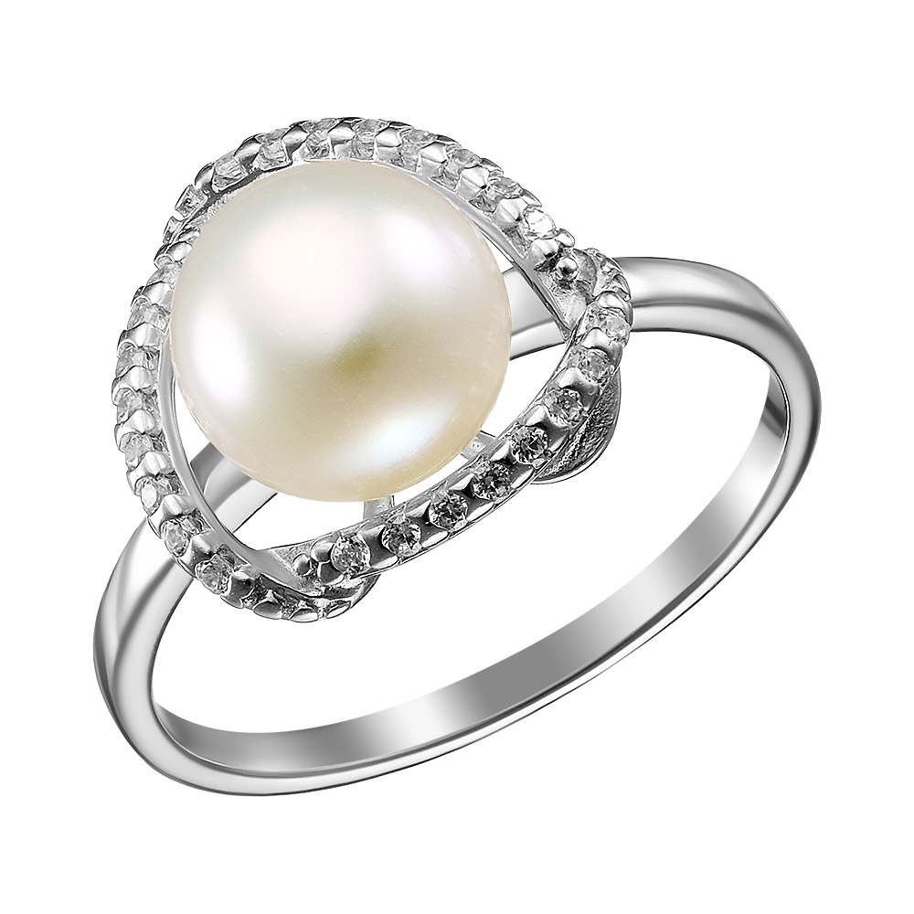 Серебряное кольцо 925 пробы; вставки 1 Жемчуг преснов. культ. белый; 24 Фианит бесцв.;