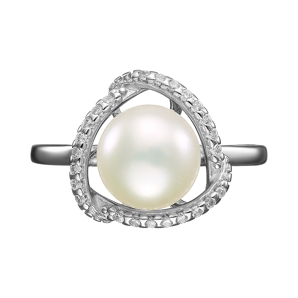 Серебряное кольцо 925 пробы; вставки 1 Жемчуг преснов. культ. белый; 24 Фианит бесцв.;
