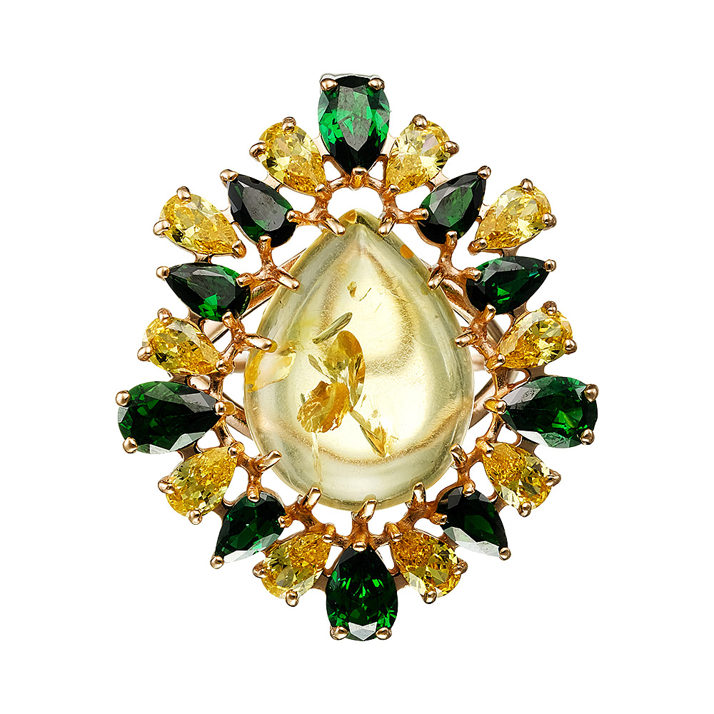 Серебряное кольцо 925 пробы; вставки 1 Янтарь; 10 Фианит желт.; 10 Фианит зел.;