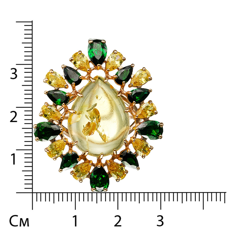 Серебряное кольцо 925 пробы; вставки 1 Янтарь; 10 Фианит желт.; 10 Фианит зел.;