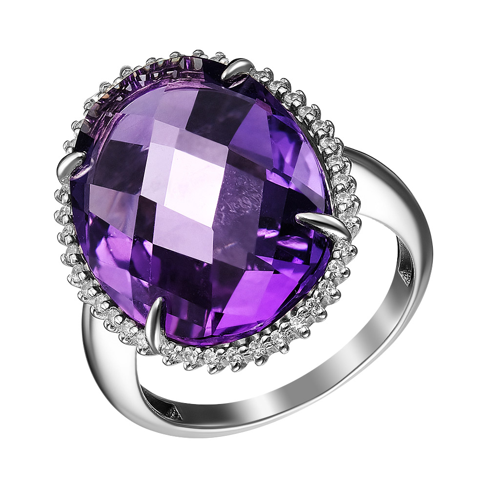 Серебряное кольцо 925 пробы; вставки 1 Аметист; 42 Фианит бесцв.;