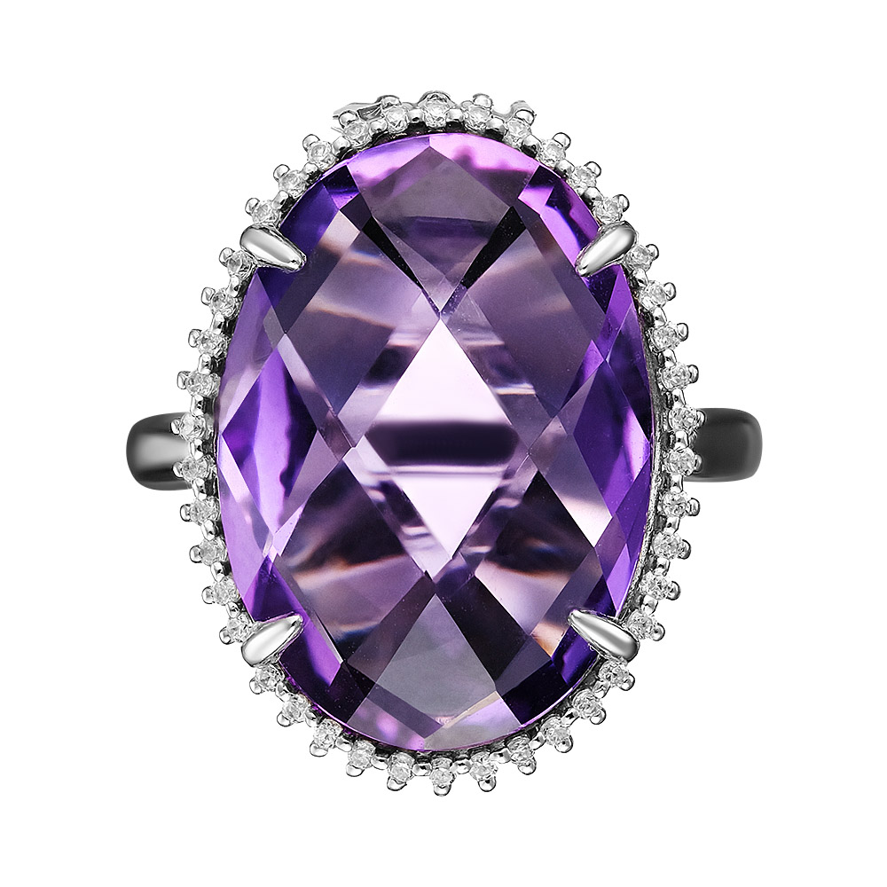 Серебряное кольцо 925 пробы; вставки 1 Аметист; 42 Фианит бесцв.;