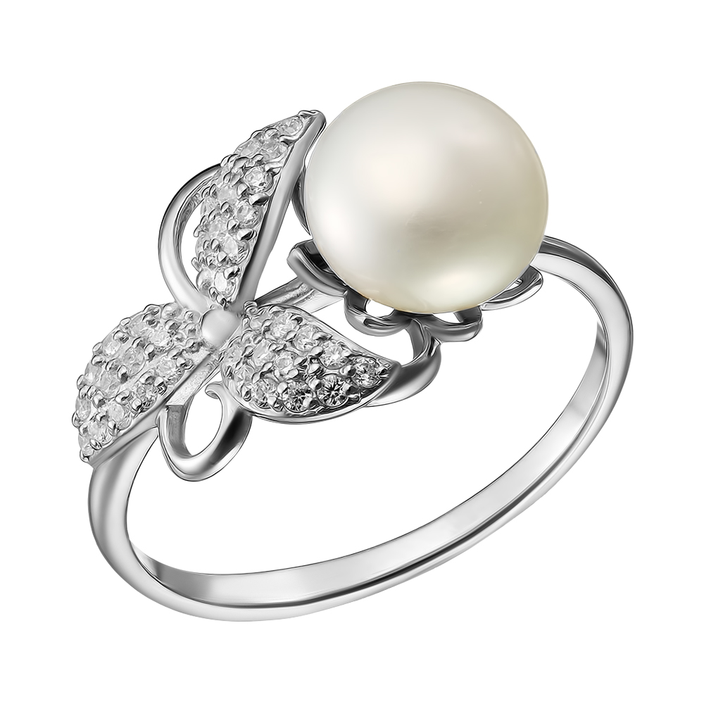 Серебряное кольцо 925 пробы; вставки 1 Жемчуг культ. белый; Россыпь Фианит бесцв.;