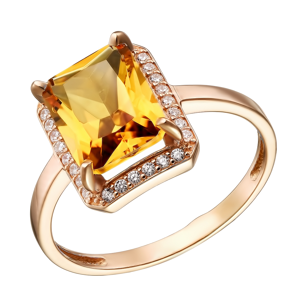 Серебряное кольцо 925 пробы; вставки 1 Цитрин; 28 Фианит бесцв.;