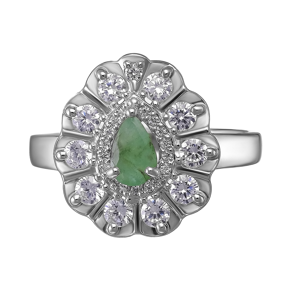 Серебряное кольцо 925 пробы; вставки 1 Изумруд нат. (О) 5/Г3 0,340; 28 Фианит бесцв.;