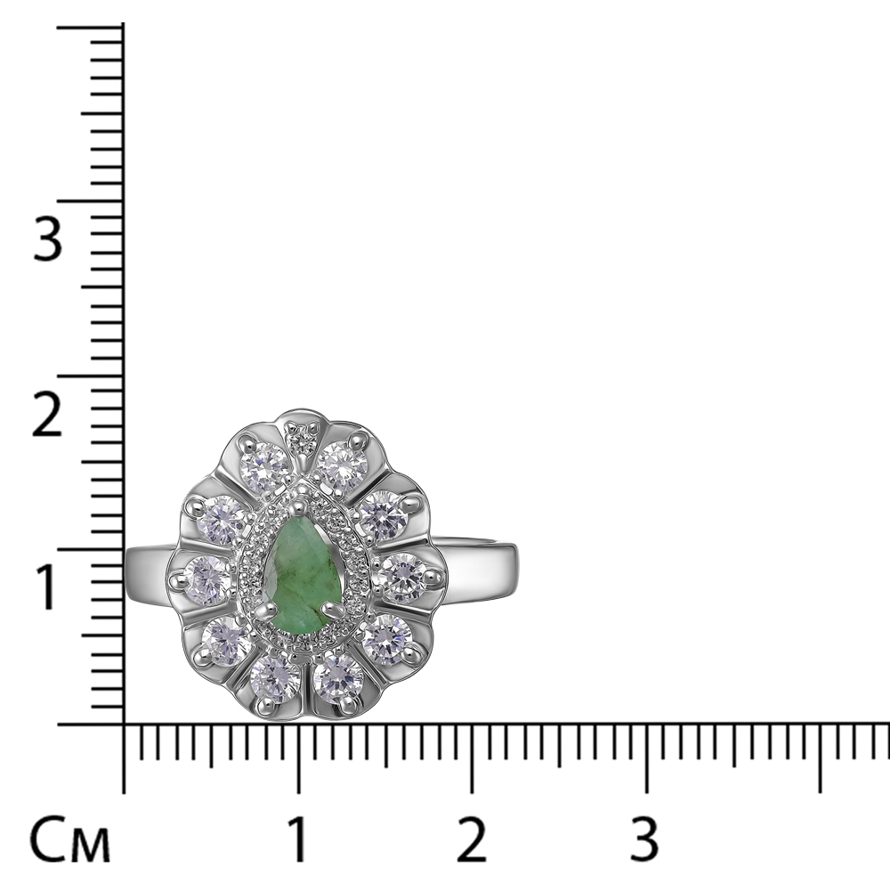 Серебряное кольцо 925 пробы; вставки 1 Изумруд нат. (О) 5/Г3 0,340; 28 Фианит бесцв.;