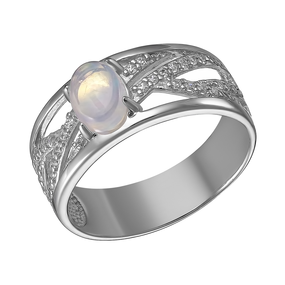Серебряное кольцо 925 пробы; вставки 1 Опал белый; 32 Фианит бесцв.;