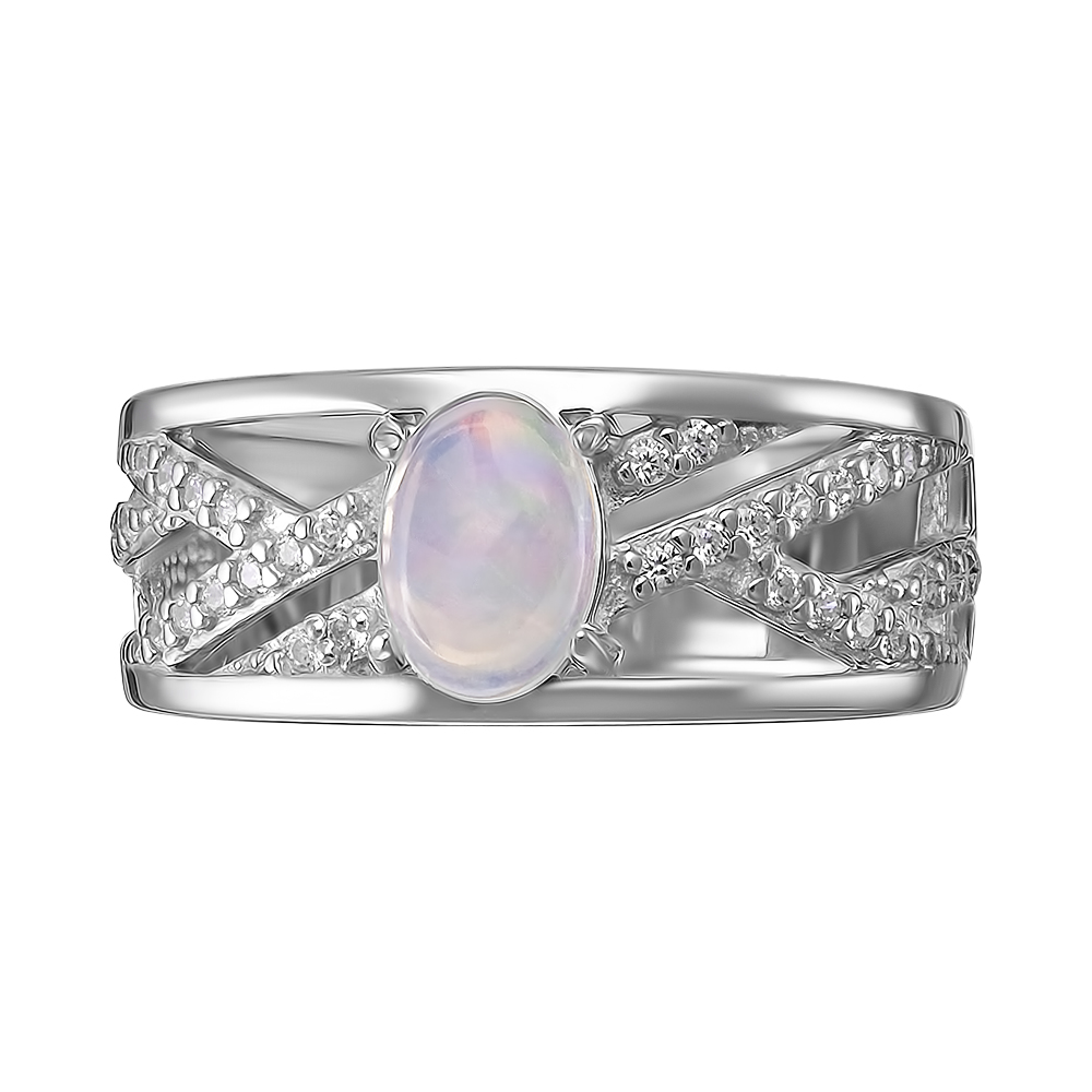 Серебряное кольцо 925 пробы; вставки 1 Опал белый; 32 Фианит бесцв.;
