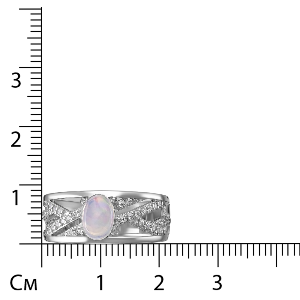 Серебряное кольцо 925 пробы; вставки 1 Опал белый; 32 Фианит бесцв.;
